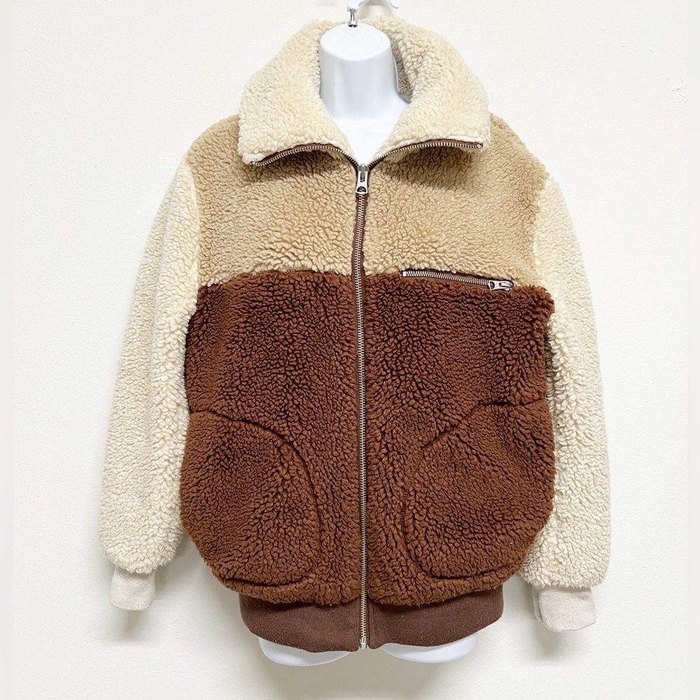 Aritzia Wildred Free Womens Multicolor Brown Tan Teddy Bear Zip Up Bomber Jacket - Picture 4 of 11